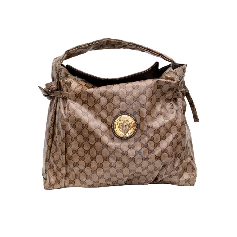 Authentic Gucci Monogram Crystal Canvas Hysteria Hobo Shoulder Bag Brown
